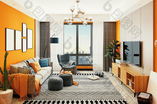 豪华现代客厅，3d渲染插图