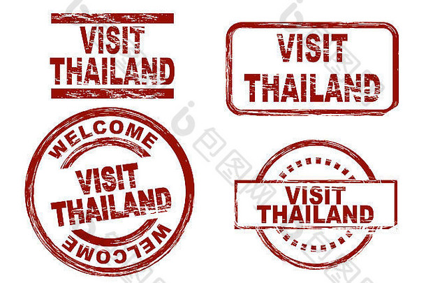 一套样式化的墨水邮票，显示“访问泰国”一词。全部为白色背景。
