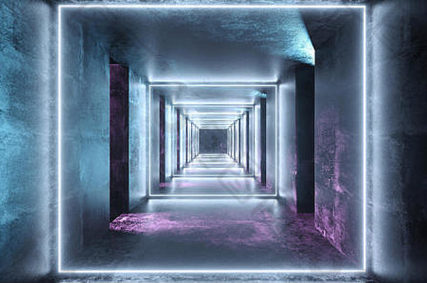 未来主义的现代sci黑暗空矩形形状的混凝土<strong>隧道</strong>矩形霓虹灯领导灯<strong>蓝色</strong>的白色紫色的颜色发光呈现插图