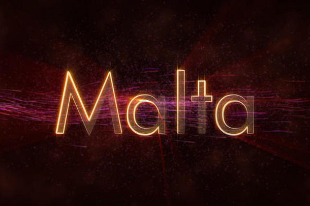 马耳他国家名称文字动画-闪烁的光线在文字边缘循环，背景上有旋转和流动的星星