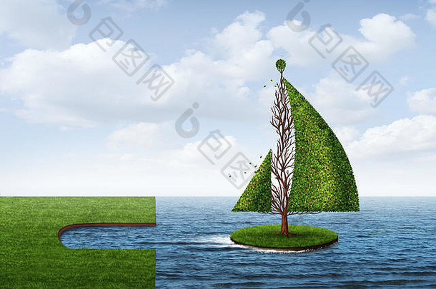 探索机会商业风险概念，将其视为一棵树，形状如一艘船，作为一种隐喻，通过3D渲染元素向成功驶去。