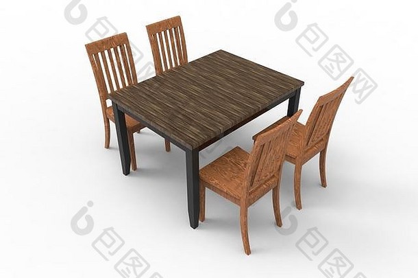 带有4把椅子的木制餐桌的三维渲染