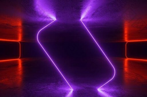 抽象的未来科幻混凝土房间，带有不同的霓虹灯和反射，用于文本3d渲染插图