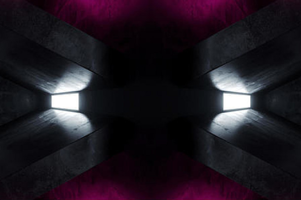 霓虹灯发光紫粉白科幻未来派现代复古外星人飞船混凝土垃圾反射隧道走廊大厅空旷黑暗3D效果图