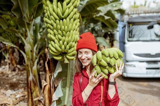 微笑女人携带阀杆新鲜<strong>取货</strong>绿色香蕉种植园收获时间卡车背景