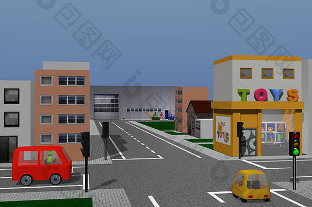 有房子、玩具店、公司的小镇，还有交通灯和汽车的十字路口。三维渲染