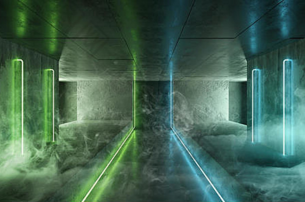 科幻霓虹灯网络未来主义现代复古外星人舞蹈俱乐部在黑暗的、空荡荡的混凝土反射室走廊里发出绿蓝白光