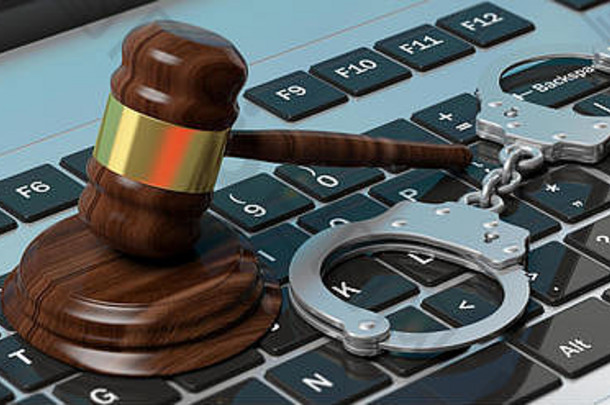 网络犯罪概念。电脑键盘上的金属和法官木槌，3d插图