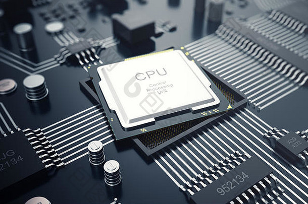 3D渲染中央计算机器CPU概念。计算机技术电子工程师。计算机板芯片电路以cpu为核心。硬件概念电子设备主板半导体