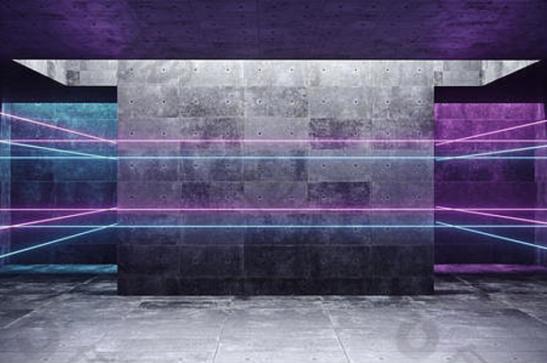 优雅的科幻现代未来主义外星人空旷的垃圾混凝土房间，霓虹灯闪烁，紫色和<strong>蓝色</strong>灯管反射，文本3D重现的空白空间