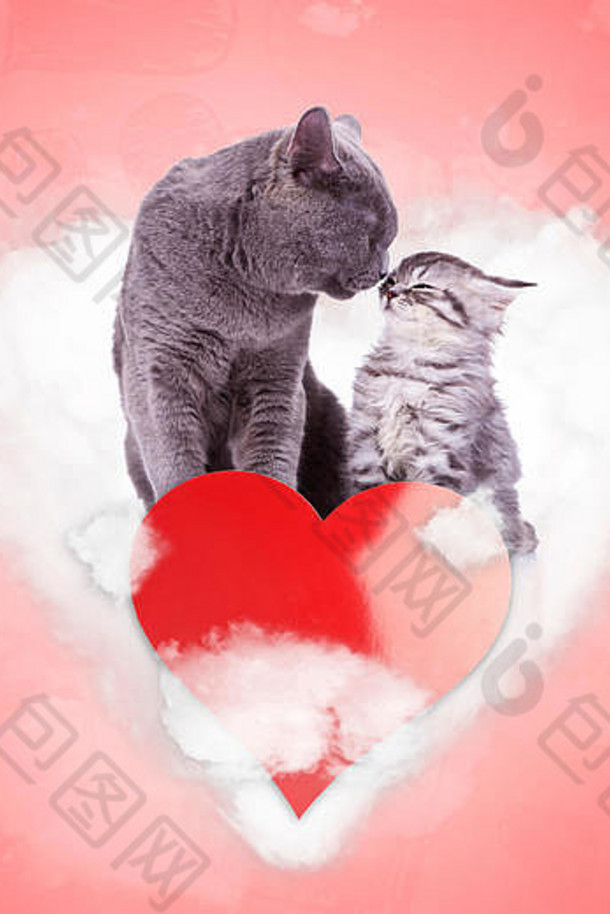 情人节，恋爱中的猫在心形的云上接吻，红色的心在它们面前