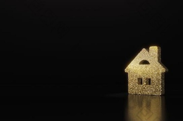 带有窗户和烟囱的房子的金色闪烁符号，在黑色背景上进行3D渲染，模糊反射，闪烁