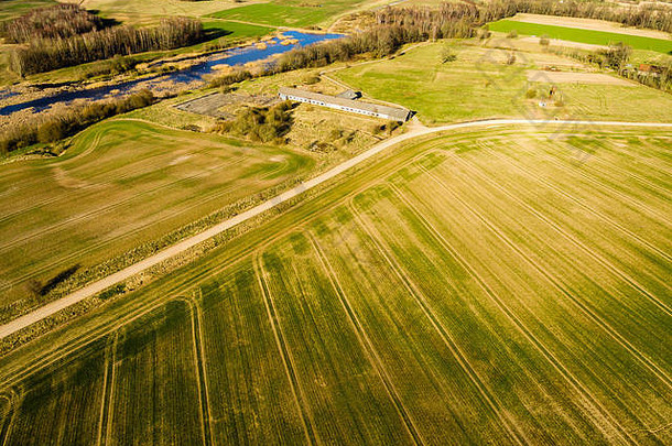 无人机图像。在阳光明媚的春日，鸟瞰农村地区新开垦的田地。拉脱维亚