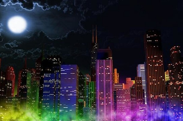现代<strong>城市</strong>基斯色彩斑斓的光影响晚上插图概念大现代<strong>城市</strong>一年的夏娃生动的大气