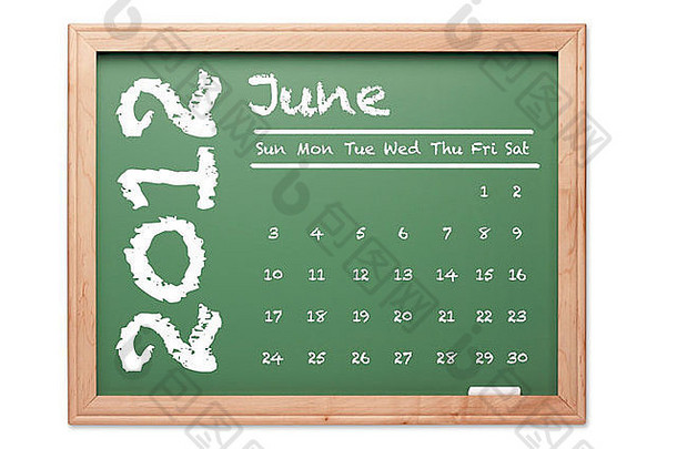 2012年6月日历，绿色黑板，白色背景。