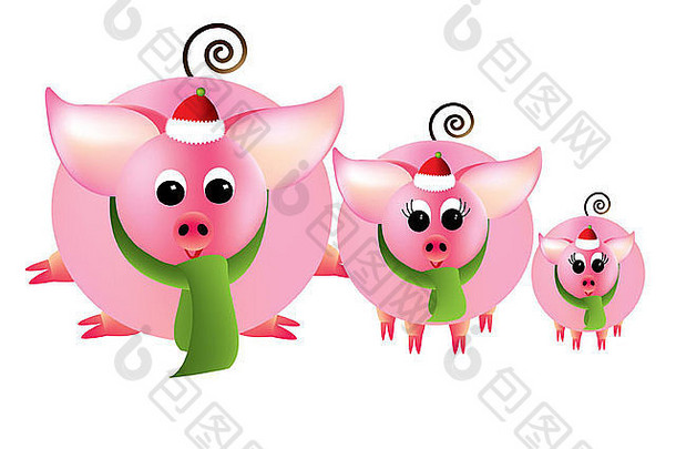 白色背景上的三只粉红色小猪祝你圣诞快乐