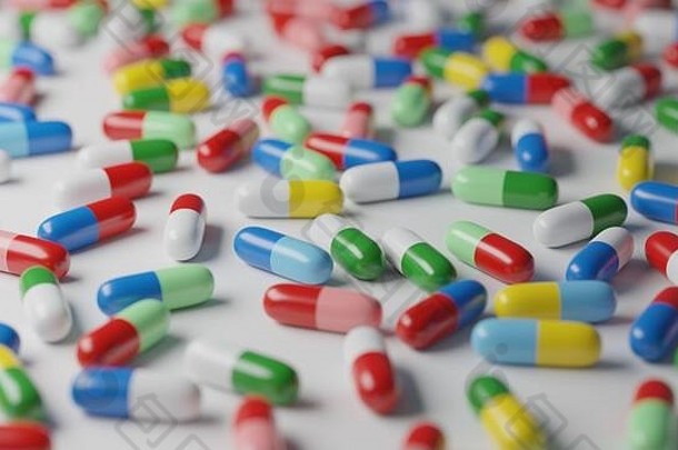 白色背景上的五彩药丸。医疗、医药行业概念。数字3D渲染。