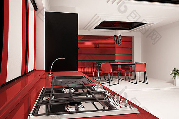 室内现代厨房红色的渲染