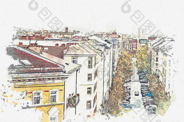 水彩素描或插图。在德国柏林，从高处眺望街道上的建筑物、道路和停放的汽车。大城市的建筑。