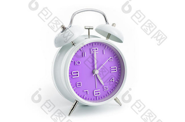 双胞胎钟模拟报警时钟紫罗兰色的时钟脸显示小时概念白色背景