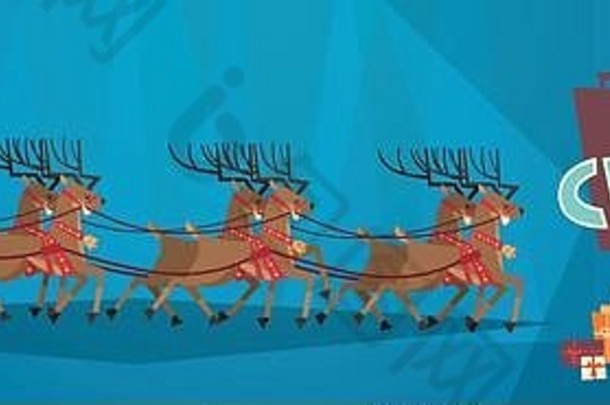 圣诞老人骑雪橇驯鹿快乐圣诞节快乐一年问候卡冬天假期概念横幅