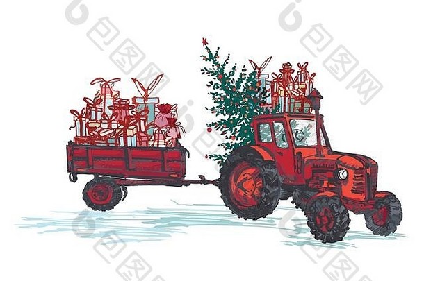 2019年新年贺卡。红色拖拉机，带有冷杉树装饰的红色球和白色背景上隔离的节日礼物