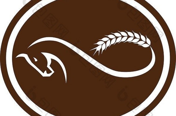 图中是一匹马，尾巴上有麦芽麦片，从侧面看是一条莫比乌斯条纹，背景为椭圆形，采用复古风格。