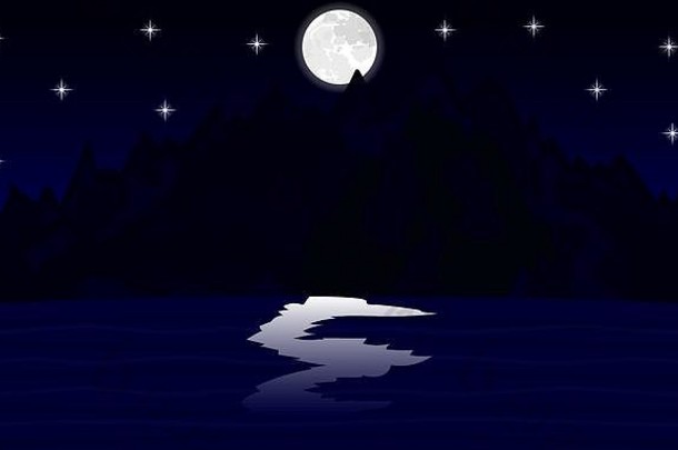 晚上景观山湖月光