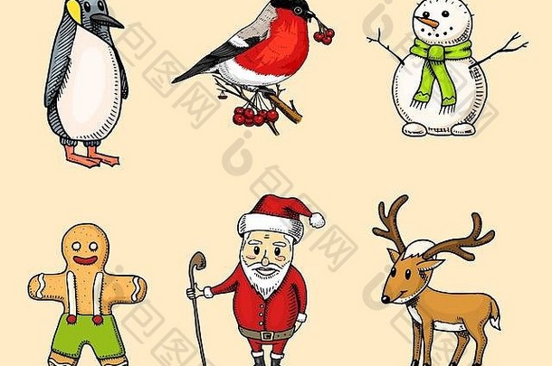 雕刻手绘旧草图和复古风格标签。圣诞或圣诞节快乐，新年收藏。寒假装饰。牛雀、圣诞老人、企鹅、姜饼和鹿。