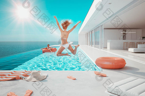 三维插图。在游泳池里跳的女人。夏日乐趣