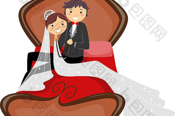一对新婚夫妇坐在床上的插图