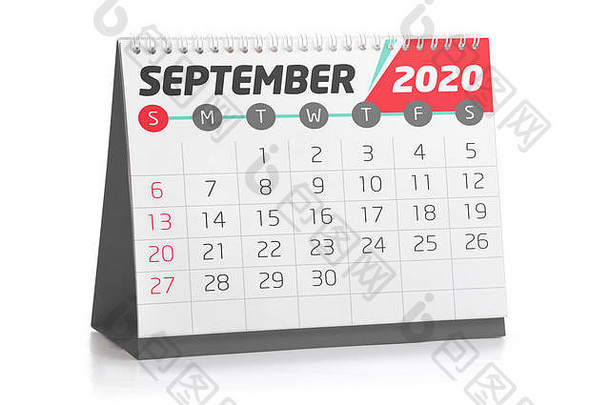 9月白色办公室日历2020在白色上隔离