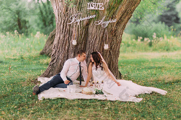 美丽的新婚夫妇坐在格子布上看着对方，在装饰时尚的树下野餐