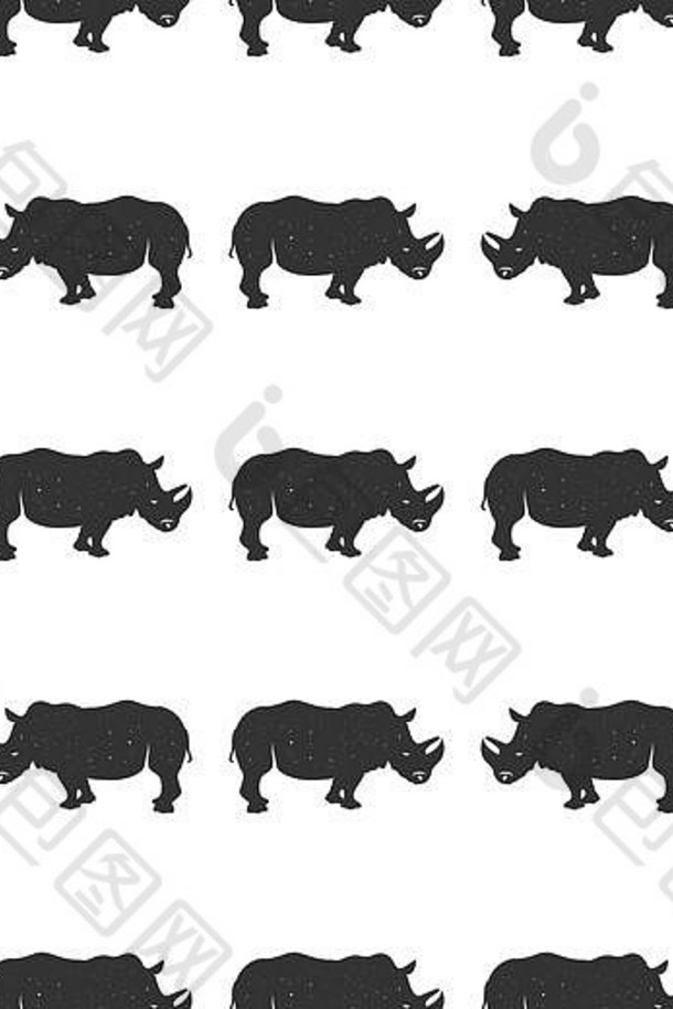 犀牛无缝的野生<strong>动物壁纸</strong>股票犀牛模式孤立的白色背景单色古董手画设计