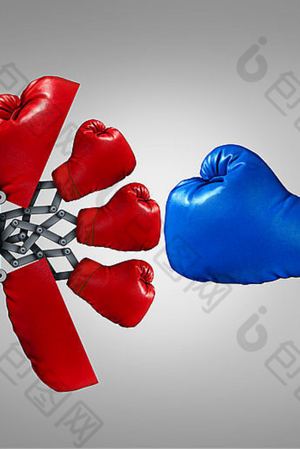 战略优势和商业竞争力的概念作为一个红色拳击手套打开了一个秘密，揭示了多个团队成员与另一个对手竞争。