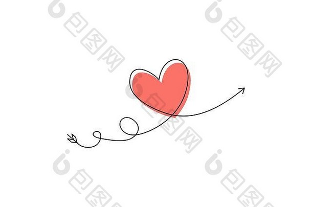 丘比特的箭在连续的线条中画出了一颗心的形式，而爱的文字则是一种平面的风格。连续的黑线。工作平台设计