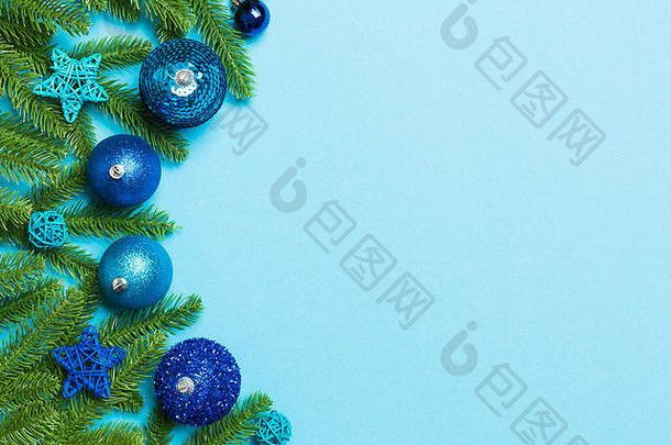 集节日球冷杉树圣诞节装饰色彩斑斓的背景前视图一年点缀概念复制空间