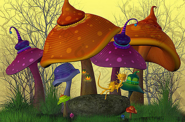 一个有着有趣的彩色蘑菇和金龙的童话世界。
