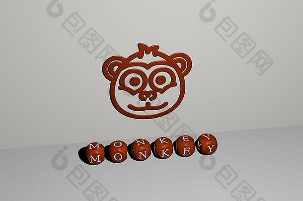 由金属骰子字母制作的猴子图形和文本的3D插图，用于概念和演示的相关含义。动物与背景