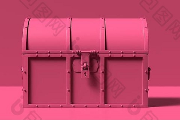 宝箱单色，粉红色背景下的粉红色。有盖的旧木箱。老式盒子，锁好并固定好。三维插图