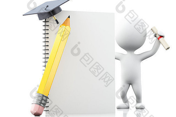 三维插图。带着笔记本、铅笔和<strong>毕业</strong>帽的白人。教育理念。孤立的白色背景。