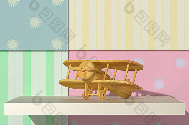 架子和彩色背景上木制飞机的三维渲染
