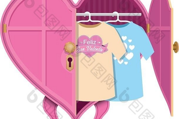 粉色心形衣柜，有一扇敞开的门，里面有两件印有“Feliz San Valentin”字样的衬衫
