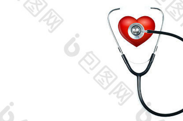 白色背景上的医用听诊器和红心