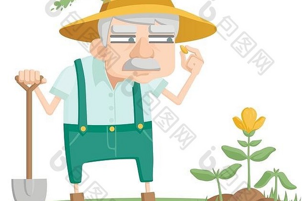 好奇的园丁在工作。一位老人正在看他的花园