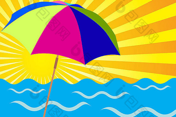 夏季背景-黄色阳光、海浪和沙滩<strong>伞</strong>