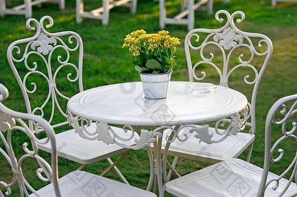 花园里一张白色桌子上的桶里放着黄色的花。
