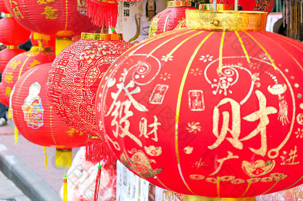 唐人街曼谷thailand-september红色的中国人灯笼中国人素食者节日中国人灯笼装修街道下巴