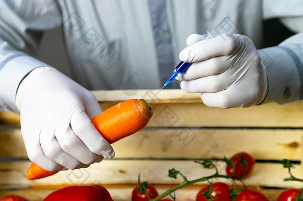 男人。注入化学物质胡萝卜转基因生物化肥化学物质注射器增加架子上生活蔬菜