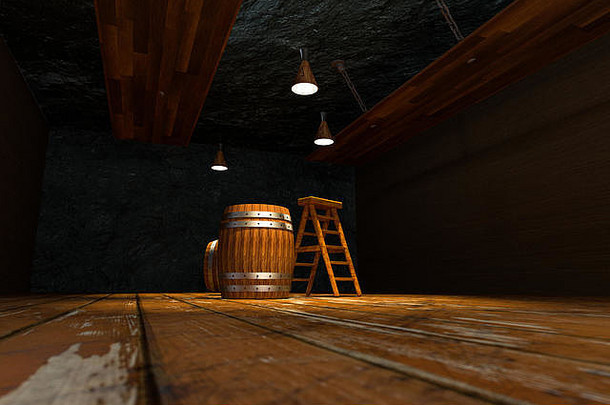 木制酒窖，内有桶和梯子，复古饮料仓库，3d渲染。计算机数字背景。